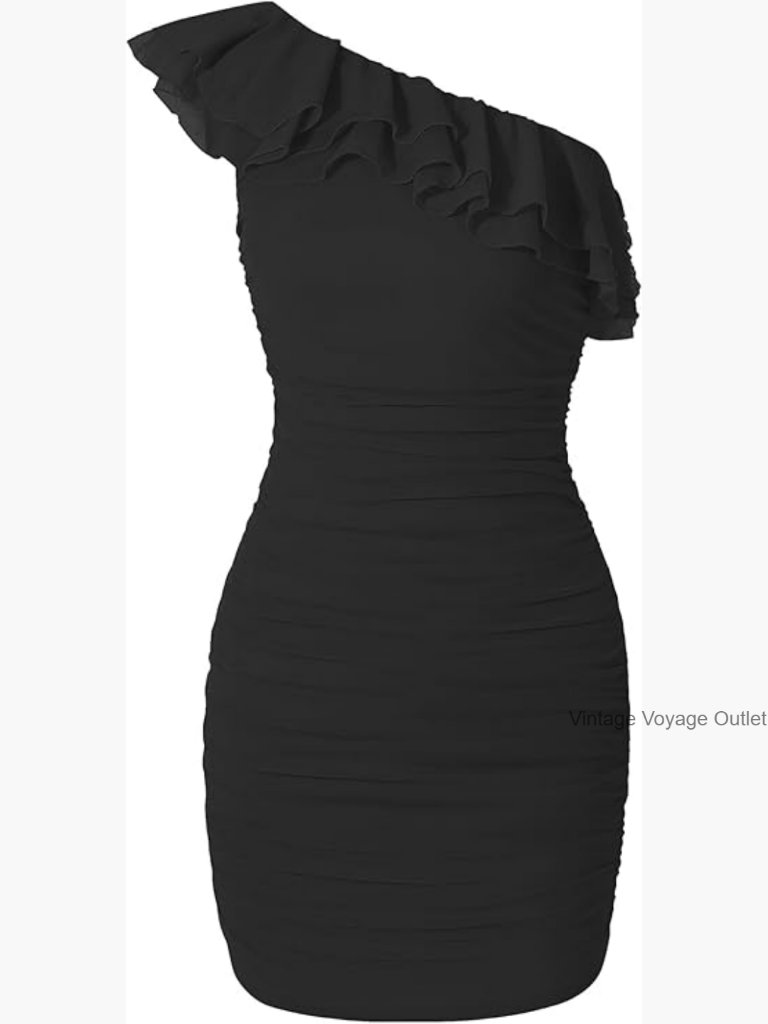 Girls Bodycon Ruffle Trim Off Shoulder Formal Ruched Sleeveless Mini Dance Dress